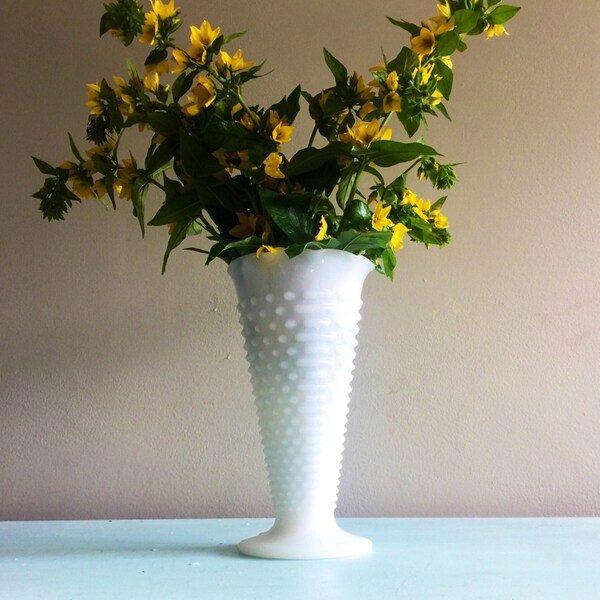 Large Vintage hobnail milk glass vase wide white vase