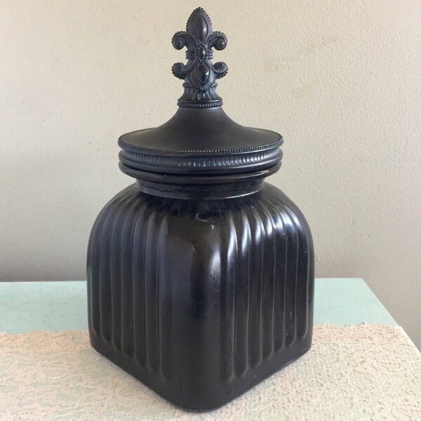 Large Black canister Gothic fleur de lis jar glass  jar, cookie jar Art Nouveau