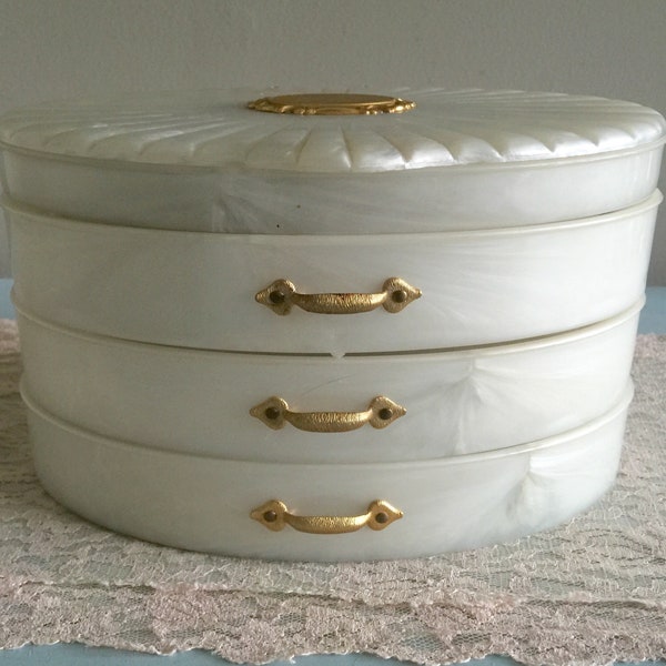 Vintage Lucite Jewelry Box Rialto Marbled Lucite jewelry box Unique Swing Out Multi level Oval Jewelry Organizer