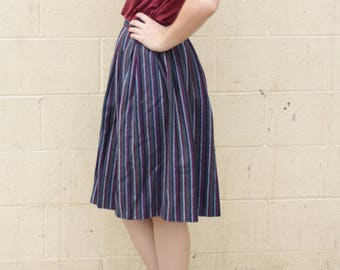 Vintage 1950's Mid-century Dark Blue Striped Mexican Circle Skirt High Waisted
