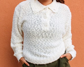Vintage 1980s Soft White Collared Sweater by de Rotchild / Dagger Collar Square Buttons Pullover / Retro Winter Wear / Medium