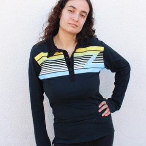 Retro 1970s 1980s Black Striped Polo by Eisbar / Vintage Yellow and Blue Sunset Stripes Collared Shirt / Small