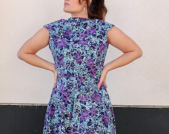 Vintage 1950s Blue & Purple Floral Circle Dress with Rhinestone Accents Throughout / Abstract Print with Sailor Collar / Medium