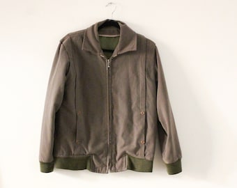 Vintage 1950s 1960s Army Green Faux Suede Bomber Jacket / Cropped Sportswear Pleated / Small