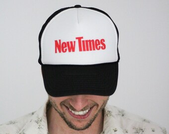 5 DOLLAR SALE Vintage 1980s New Times Snapback Trucker Hat / Black, White, and Red / Retro Graphic Nissun Hat