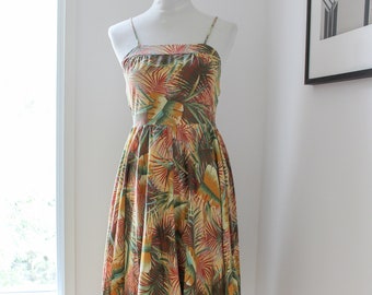 Vintage 1980s Tropical Print Dress with Cross Back by Jennifer / Palm Leaf Print Backless Summer Dress / Yellow, Green, Red XS