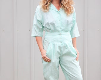 Vintage 1980s Nylon Icy Blue Jumpsuit by Sandy Sandy / Retro Ski Wear / High Waist / Aqua One Piece Romper / Small