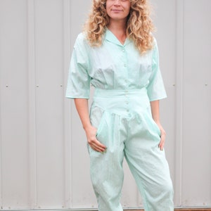 Vintage 1980s Nylon Icy Blue Jumpsuit by Sandy Sandy / Retro Ski Wear / High Waist / Aqua One Piece Romper / Small