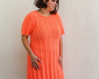 Vintage 1960s Peachy Orange Babydoll Crochet Dress / Plus Size Mini Striped Knit Sweater Dress / Autumn Fall