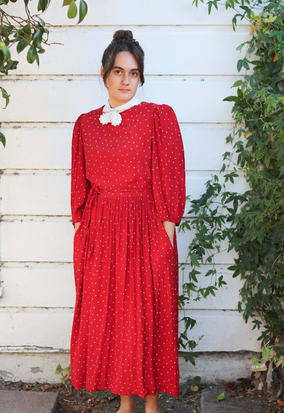 Vintage 1980s Red Minimalist Print Dress with Whit