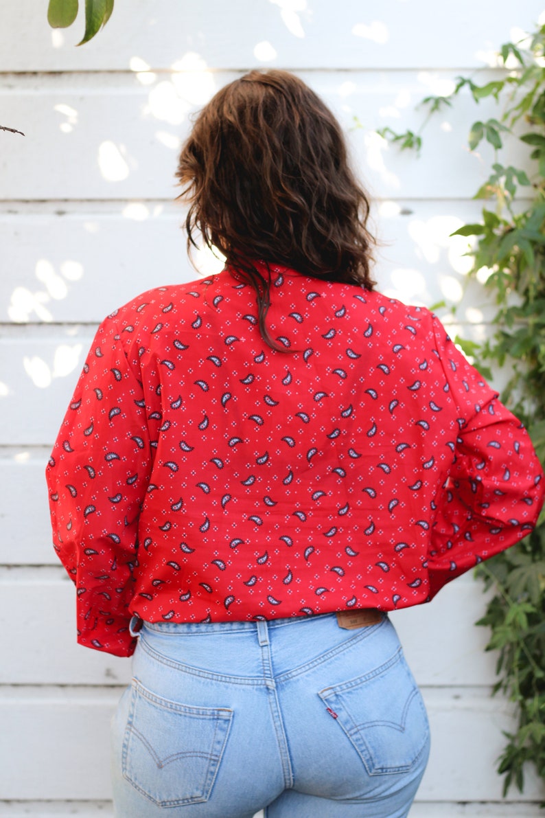 Vintage 1970s Red Paisley Bandana Print Secretary Blouse by Cricket Lane 70s Long Sleeve Pussy Bow Shirt Large