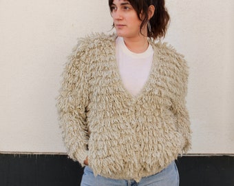 Vintage 1970s 1980s Tan Loop Knit Shaggy Cardigan by Le Sweater / Sheepskin Look Fluffy Sweater / Small