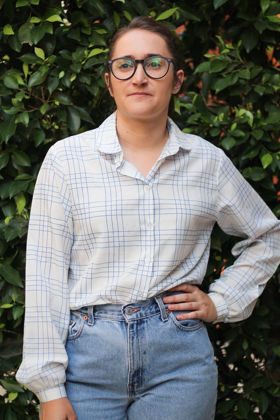 Vintage 1980s White and Blue Striped Secretary Bl… - image 2