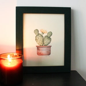 Vintage Flowering Cactus Framed Print by Karyn Frances Gray / Southwestern Minimalist Frame Art / 1990s Desert Home Decor / Green and Pink