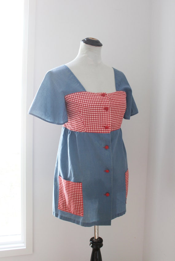 Vintage 1960s Blue, Red, White Gingham Babydoll Em