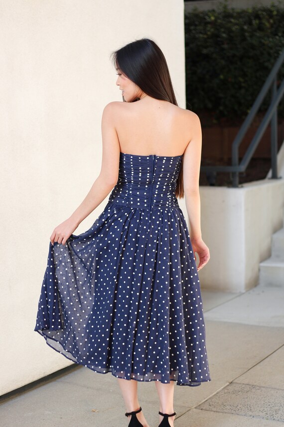 Vintage 1970s does 1950s Navy Blue Polka Dot Straples… - Gem