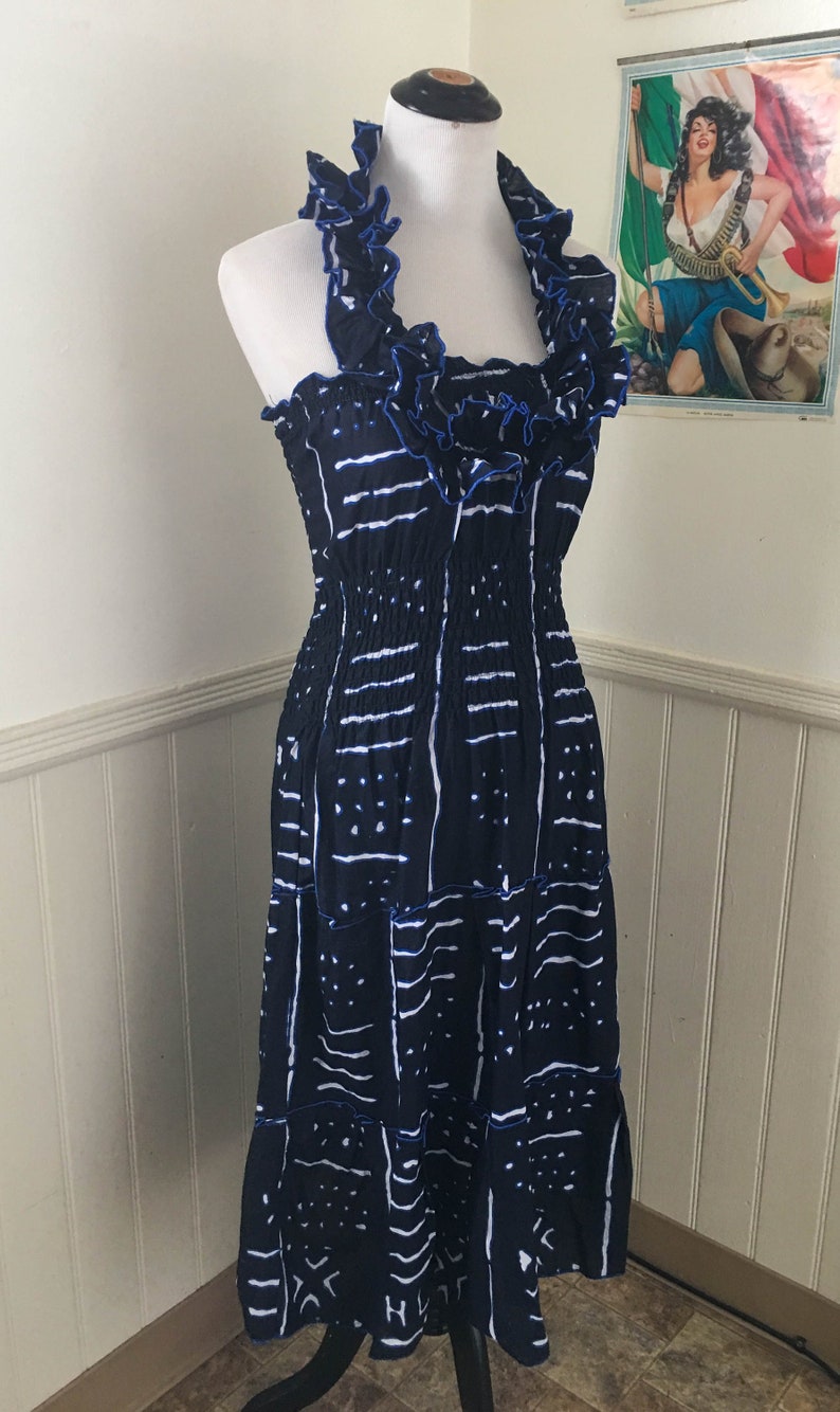Vintage Bohemian African Print Cotton Navy Blue White Dress Halter Dress Senorita Minimalist Print Abstract print