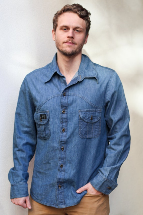 Vintage 1970s Denim Button Down Mens Shirt by Jag 