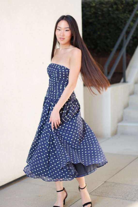 Vintage 1970s does 1950s Navy Blue Polka Dot Straples… - Gem