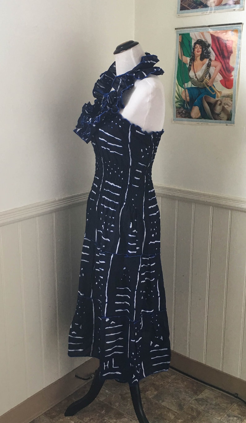 Vintage Bohemian African Print Cotton Navy Blue White Dress Halter Dress Senorita Minimalist Print Abstract print