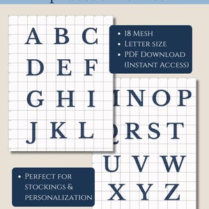 May include: A digital needlepoint alphabet, 3 inches in height, on 18 mesh. The letters A through Z are displayed in a navy blue font on a white grid background. The text includes "PDF Download (Instant Access)" and "Perfect for Stockings & Personalization."