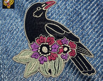 Raven and Floral Embroidered Iron On Patch - 10x8 cm