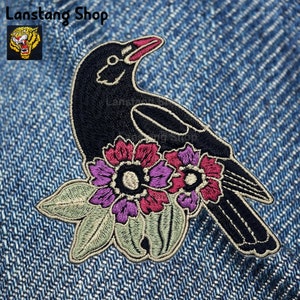 Raven and Floral Embroidered Iron On Patch - 10x8 cm