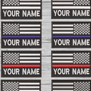 May include: Eight embroidered patches featuring the American flag with a thin colored stripe across the middle. The stripes are red, blue, gray, and white. Each patch has the text "YOUR NAME" below the flag.