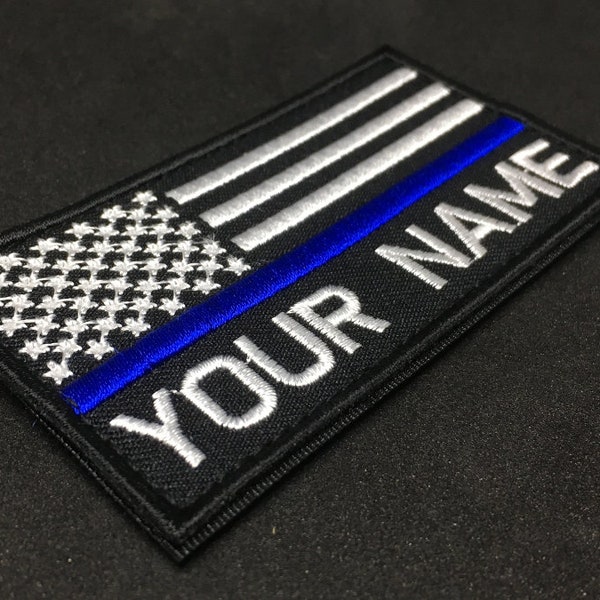 Personalized Name Patch| Thin Blue Line| US Flag Patch | Hook Fastener | Sew on | 3.55Wx1.95H|Custom Flag Police Patch