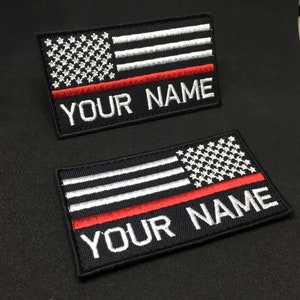 Personalized Custom Name Patch,Thin Red Line, Firefighter Flag Patch, Backpack Jacket patch, Hook Fastener, Sew on, 3.55Wx1.95H