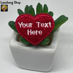 May include: Red felt heart-shaped patch with white embroidery that says "Your Text Here" in a small succulent planter.
