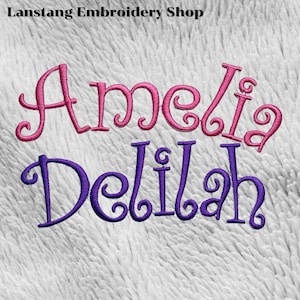 May include: Embroidered names "Amelia" in pink and "Delilah" in purple on a white, textured background. The text "Lanstang Embroidery Shop" is at the top. The names are in a cursive font.