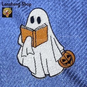 Boo Ghost Reading Embroidered Iron On Patch: Halloween Book Lover