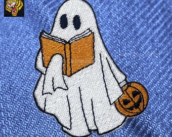 Boo Ghost Reading Embroidered Iron On Patch: Halloween Book Lover