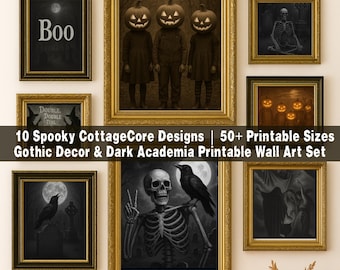 May include: A collection of ten framed wall art prints featuring spooky themes like skeletons, pumpkins, and ghosts. The text reads 10 Spooky CottageCore Designs | 50+ Printable Sizes Gothic Decor & Dark Academia Printable Wall Art Set.