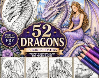 Libro para colorear de dragones fantásticos / 52 páginas, 5 pósteres adicionales (descarga en PDF)