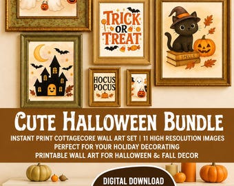 May include: A collection of nine framed wall art prints featuring Halloween themes including ghosts, a witch on a bicycle, pumpkins, a black cat on a book titled SPELLS, a haunted house, and text reading TRICK OR TREAT and HOCUS POCUS in gold frames.
