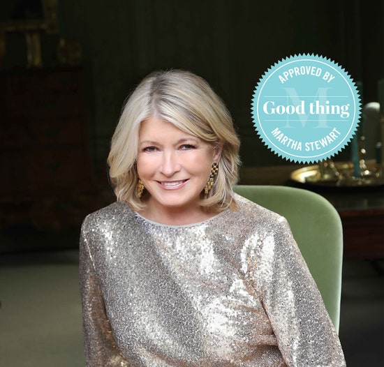 A portrait photo of Martha Stewart in a metallic sequin dress and gold earrings shown next to her seal of approval for her Etsy holiday picks.