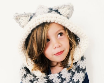 Knitting Pattern // Cat Kitten Hat Hood Cowl Scarf Knit Toddler Child Adult // Tilly the Tabby Cat Hood Pattern PDF