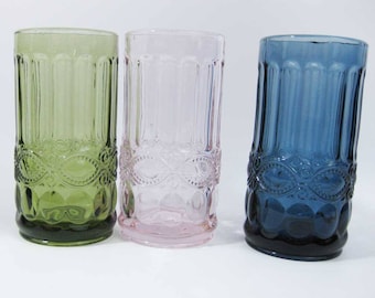 Stunning Heavy Colored Glass Tumblers (3) Pink~Green~Blue Raised Embossed Design