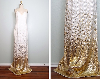 VTG Glam White & Gold Sequined Gown // Open Back White Sequin Gold Beaded Fully Embellished Dress US 2 / 4