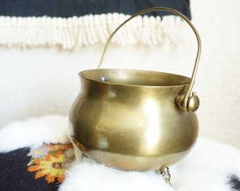 Vintage Solid Brass Cauldron / Planter / Pot / Pail with Handle