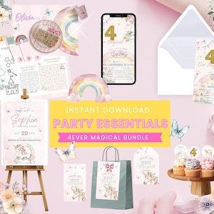 Puede incluir: Un conjunto de artículos para fiestas con temática de unicornios. Incluye invitaciones, una pantalla de teléfono, una bolsa de regalo, adornos para cupcakes y hojas de actividades. La paleta de colores presenta rosas pastel, morados y detalles dorados.