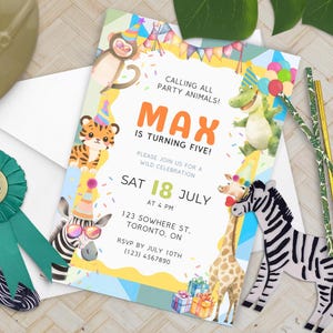 Party Animal colourful Birthday Invitation | Canva Template Editable | Jungle Safari Kids Party | Boy Birthday Invite | Instant Download