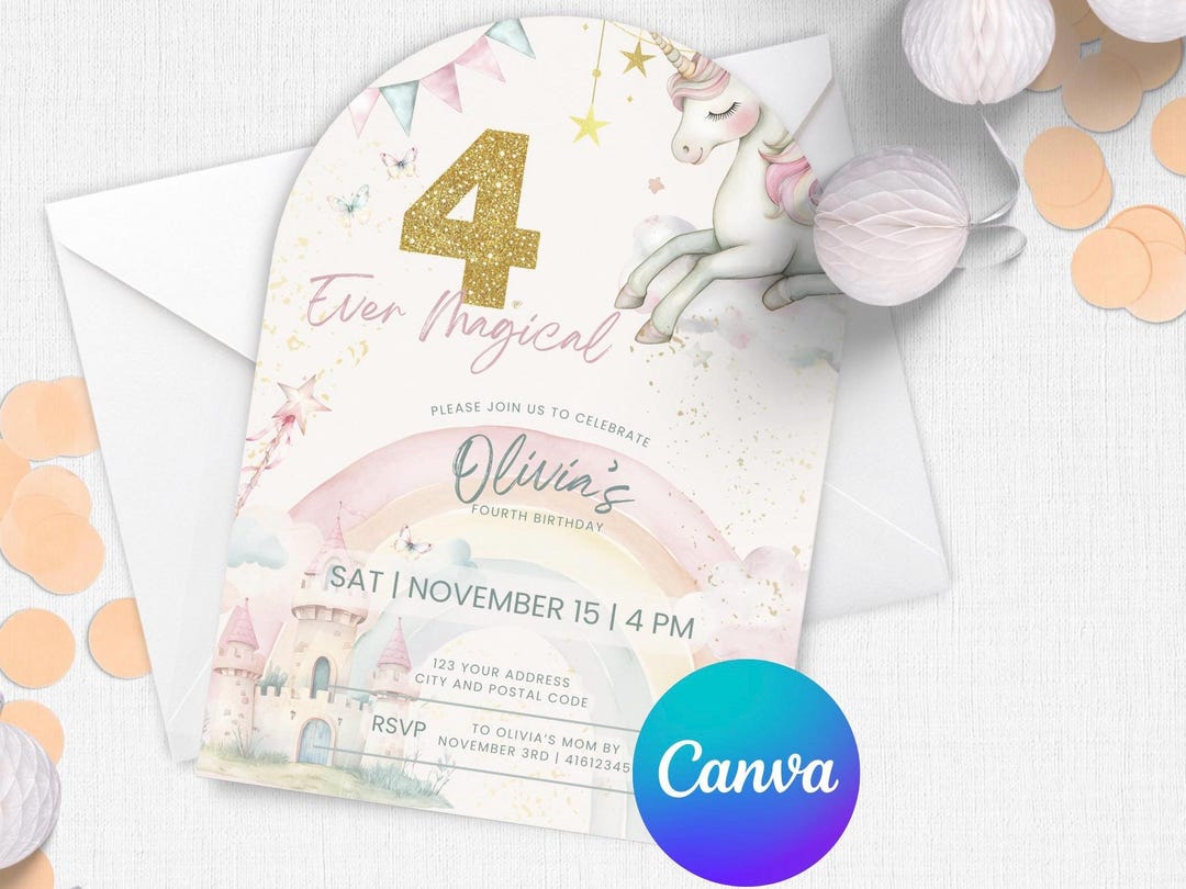 4 EVER Magical - Unicorn INVITATION | Editable | Canva Template | 4th ...