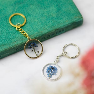 Forget Me Not Keyring, Flower Keyring, Real Flower Keyring, Botanical Keyring, Silver Keyring, Gold Keyring, Blue Flowers, Gift for Her,