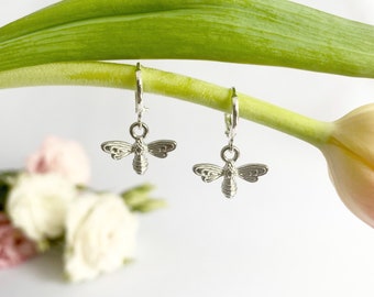 Bee Earrings, Silver Hoop Earrings,  Bee Jewellery, Huggie Hoop Earrings, Bee Gift, Silver Jewellery, Dainty Earrings, Silver Bee Earrings