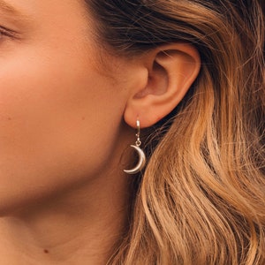 May include: A silver crescent moon earring with a gold hoop.