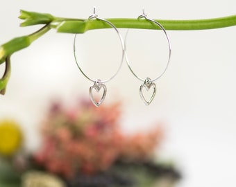 Heart Hoop Earrings, Silver Hoop Earrings,  Heart Earrings, Silver Heart Earrings, Heart Jewellery, Gift for Her, Valentines Day Gift,