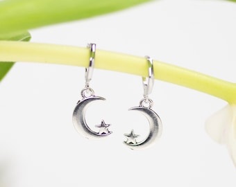 Silver Moon Earrings, Moon Hoop Earrings, Moon Earrings, Moon and Star Earrings, Crescent Moon Earrings, Moon Jewellery, Silver Hoop Earring